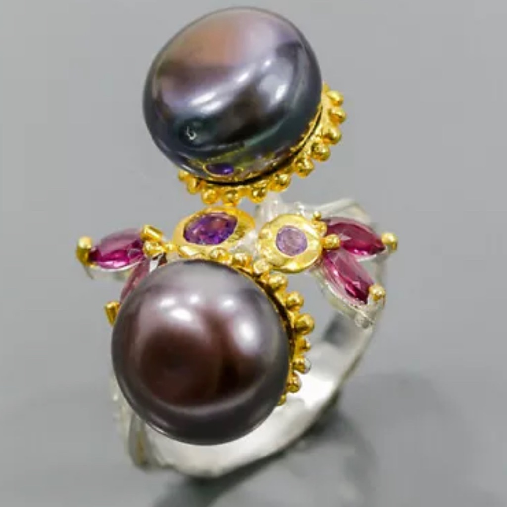 Exotic Genuine Black Pearl Ring With Gemstones